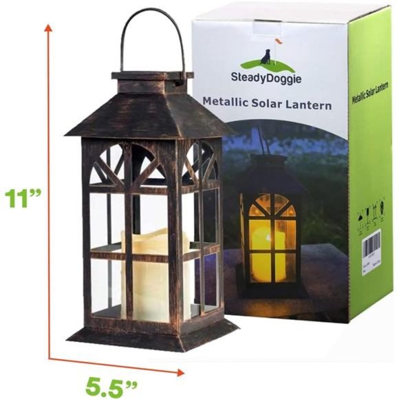 Solar Lantern Outdoor Classic Decor Bronze Antique Metal and Glass Construction - Picture 2 of 6